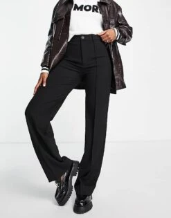 Pull&Bear High Waisted Tailored Straight Leg Trouser With Front Seam In Black For Women