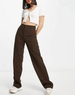Pull&Bear High Waisted Tailored Straight Leg Trouser In Brown For Women