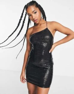 Pull&Bear Asymmetric Strap Detail Sequin Mini Dress In Black For Women