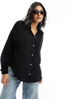 Pull&Bear Long Sleeve Linen Look Shirt In Black For Women