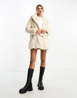 Pull&Bear Faux Fur Coat In Ecru For Women