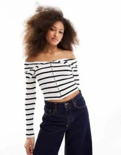 Pull&Bear Off Shoulder Long Sleeved Top In Black & White Stripe For Women