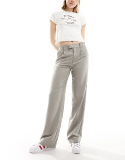 Pull&Bear High Waisted Tailored Trousers In Stone For Women