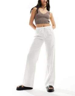 Pull&Bear High Waisted Linen Trousers In White For Women