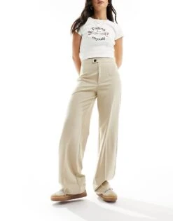 Pull&Bear High Waisted Tailored Trouser In Beige For Women