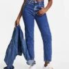 Pull&Bear High Waisted Mom Jeans In Dark Blue For Women