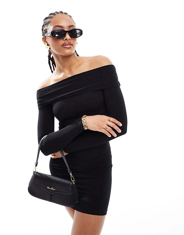 Pull&Bear Long Sleeve Bardot Neckline Mini Dress In Black For Women - Image 5