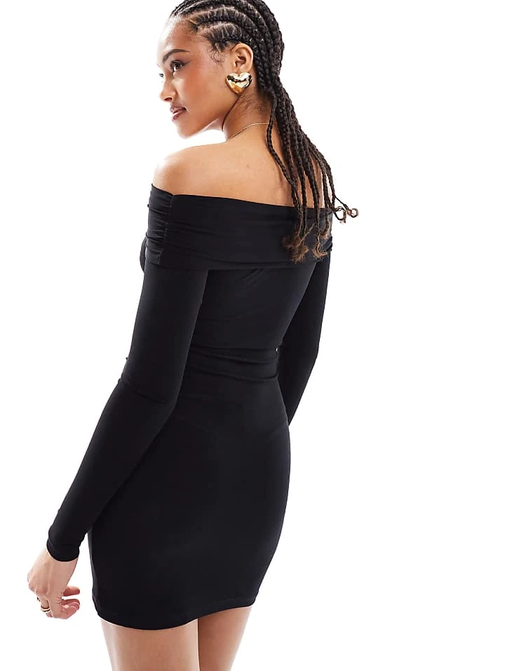 Pull&Bear Long Sleeve Bardot Neckline Mini Dress In Black For Women - Image 2