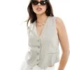Pull&Bear Linen Waistcoat In Stone For Women