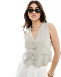 Pull&Bear Linen Waistcoat In Stone For Women