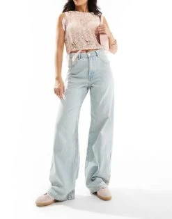 Pull&Bear High Waisted Wide Leg Jeans In Light Blue For Women