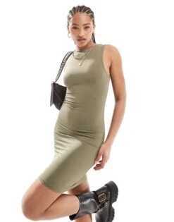 Pull&Bear Polyamide Sculpt Gathered Mini Dress In Khaki For Women