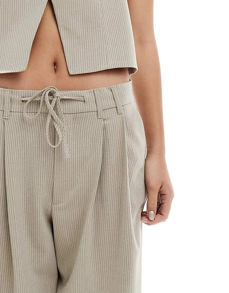 Pull&Bear Tie Waist Detail Pinstripe Tailored Trouser Co-ord In Sand For Women - Image 2