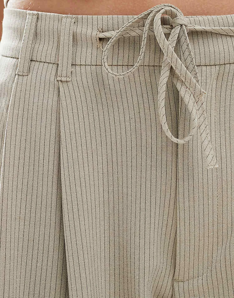 Pull&Bear Tie Waist Detail Pinstripe Tailored Trouser Co-ord In Sand For Women - Image 4