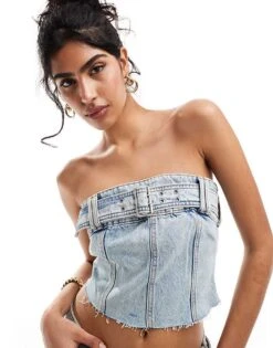 Pull&Bear Belt Detail Denim Corset Top Co-ord In Mid Blue For Women