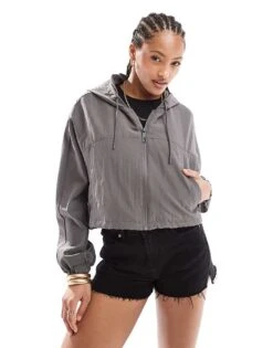Pull&Bear Cropped Boxy Nylon Look Hooded Jacket In Grey For Women