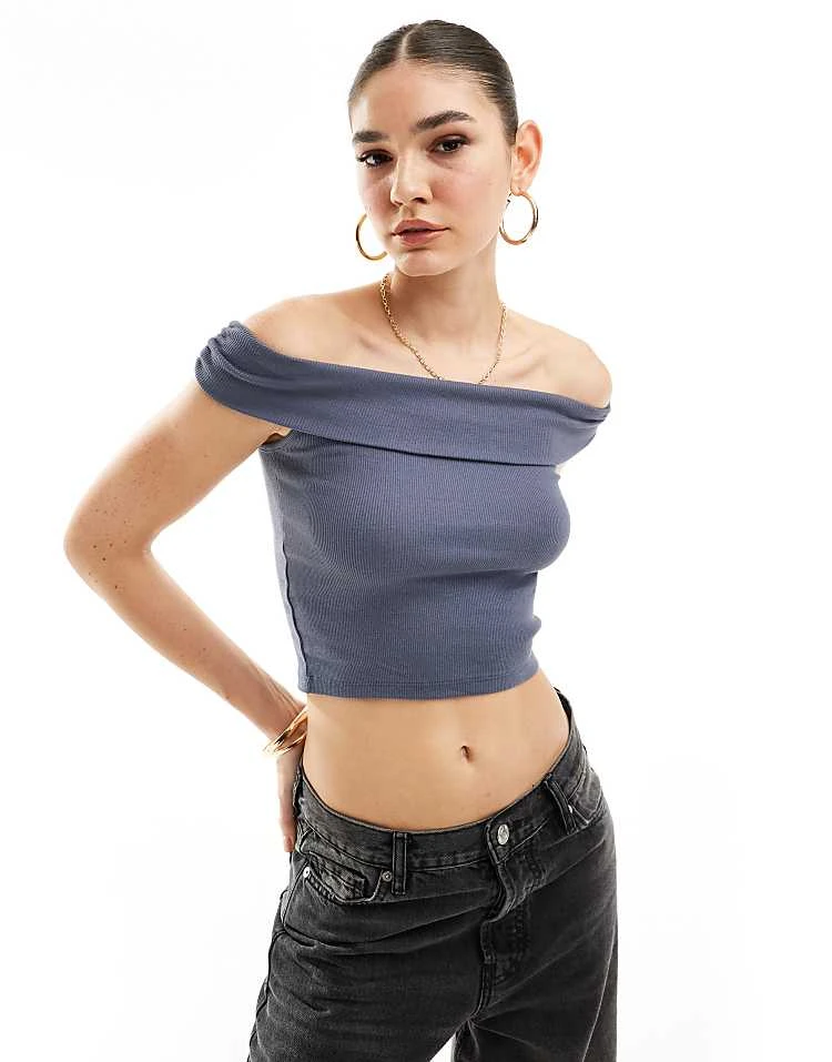 Pull&Bear Bardot Top In Navy Blue For Women