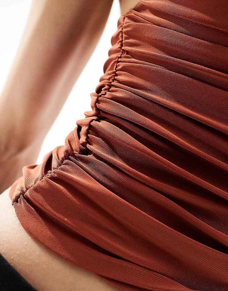 Pull&Bear Ruched Front Halterneck Strappy Top In Brown For Women - Image 3