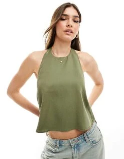 Pull&Bear Backless Halterneck Tie Back Top In Khaki For Women