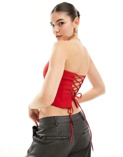 Pull&Bear Bandeau Top With Lace Up Back In Red For Women