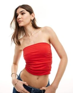 Pull&Bear Ruched Bandeau Top In Red For Women