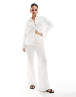 Pull&Bear Broderie Drawstring Waist Trouser Co-ord In White For Women