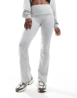 Pull&Bear Fold Over Flared Jersey Trouser In Light Grey For Women