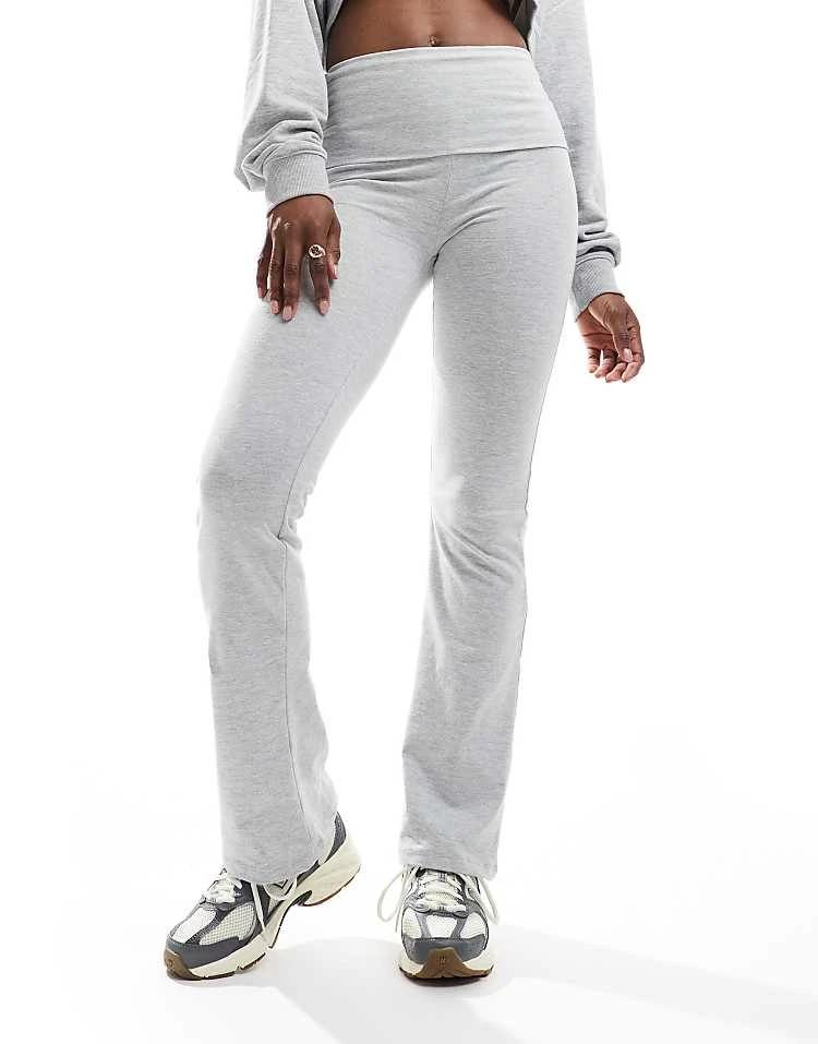 Pull&Bear Fold Over Flared Jersey Trouser In Light Grey For Women