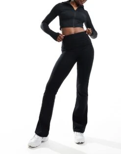 Pull&Bear Fold Over Flared Jersey Trouser In Black For Women