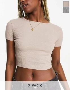 Pull&Bear 2 Pack Ribbed Baby Tee In Beige & Charcoal For Women