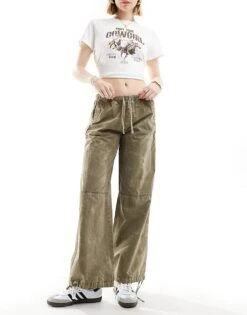 Pull&Bear Drawstring Hem Relaxed Poplin Trouser In Washed Khaki For Women
