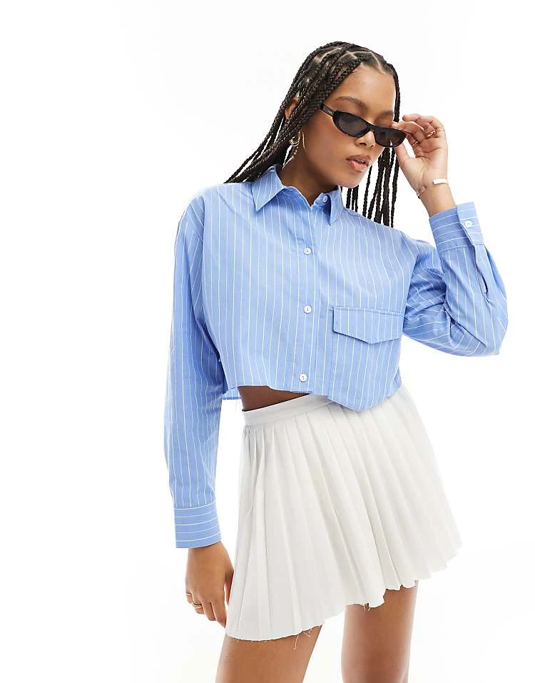 Pull&Bear Pinstripe Cropped Shirt In Blue For Women