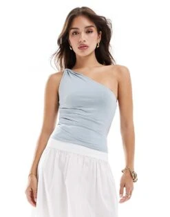 Pull&Bear Asymmetric Hem One Shoulder Top In Blue For Women