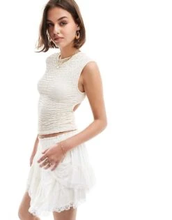 Pull&Bear Bubble Texture Cut Out Back Top In Sand For Women Beige