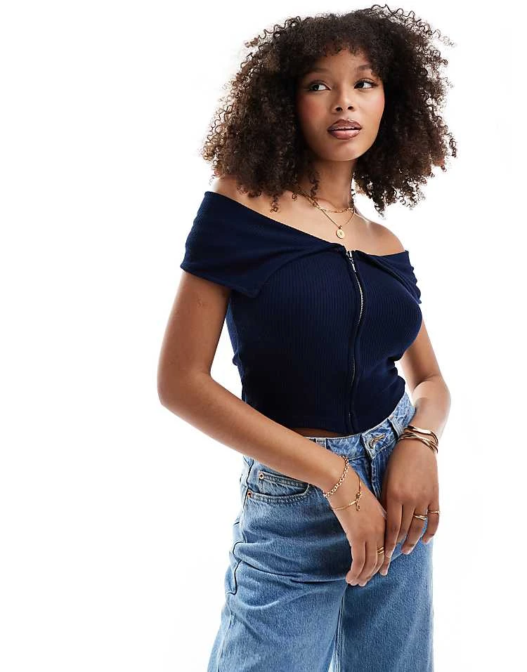 Pull&Bear Zip Through Bardot Top In Navy Blue For Women - Image 5