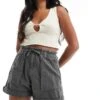 Pull&Bear Paperbag Waist Cotton Short In Washed Grey For Women