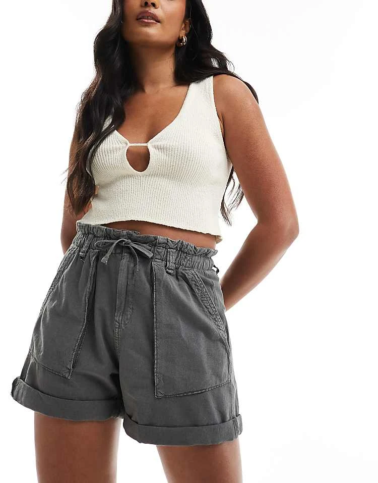 Pull&Bear Paperbag Waist Cotton Short In Washed Grey For Women