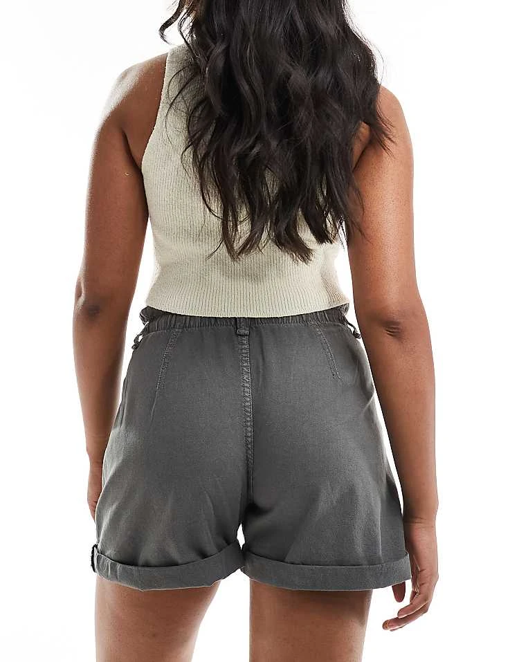 Pull&Bear Paperbag Waist Cotton Short In Washed Grey For Women - Image 2