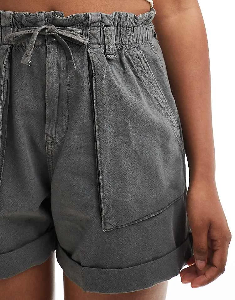 Pull&Bear Paperbag Waist Cotton Short In Washed Grey For Women - Image 5
