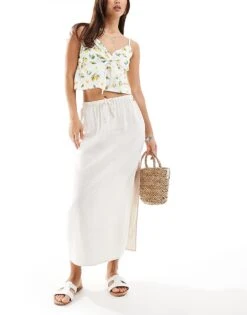 Pull&Bear Drawstring Waist Linen Midi Skirt In Sand For Women Beige