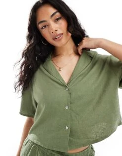 Pull&Bear Short Sleeve Linen Shirt Co-ord In Khaki For Women