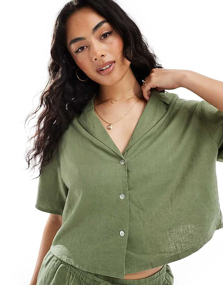 Pull&Bear Short Sleeve Linen Shirt Co-ord In Khaki For Women