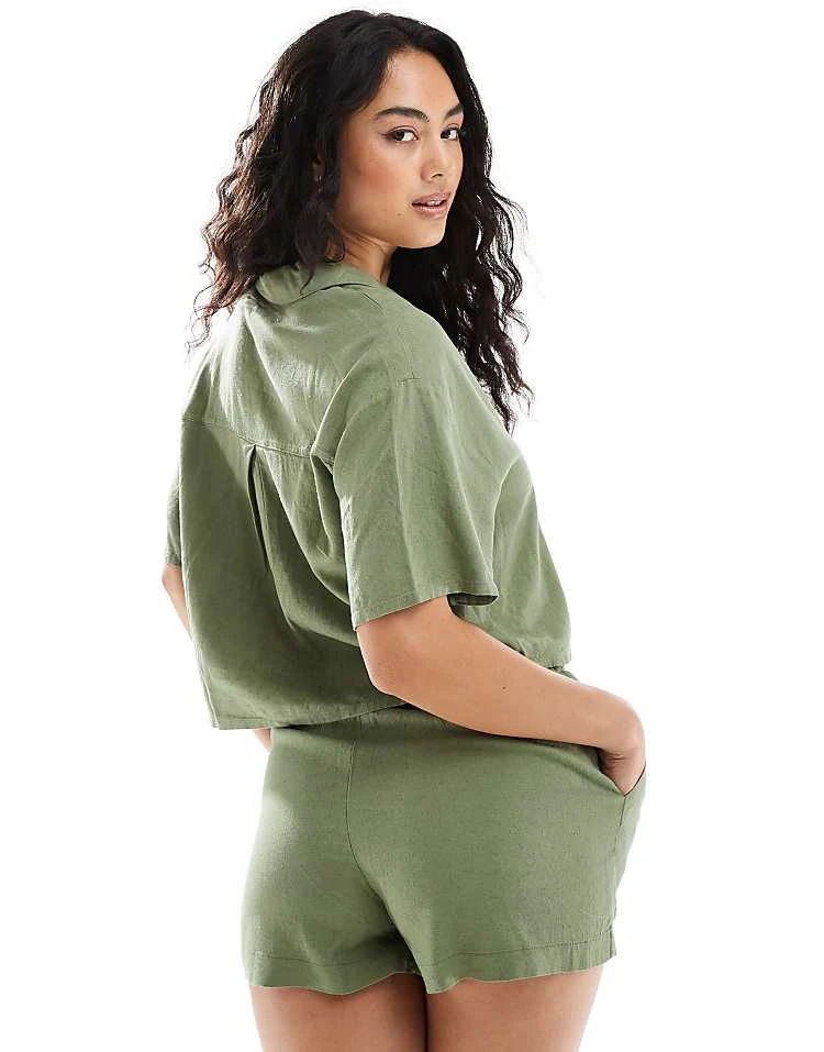 Pull&Bear Short Sleeve Linen Shirt Co-ord In Khaki For Women - Image 3