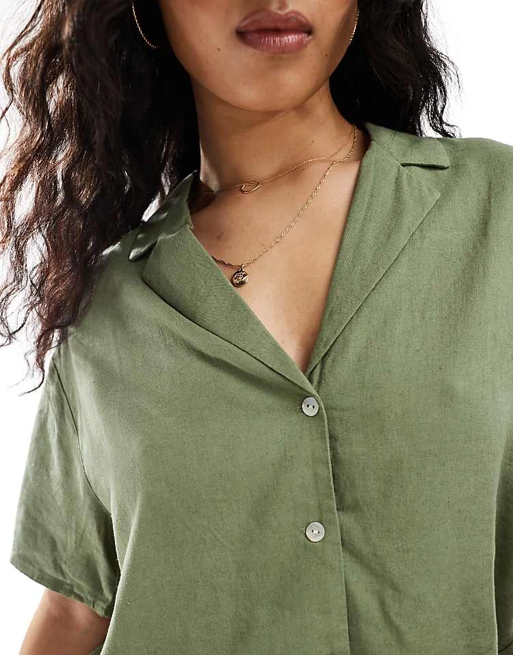 Pull&Bear Short Sleeve Linen Shirt Co-ord In Khaki For Women - Image 4