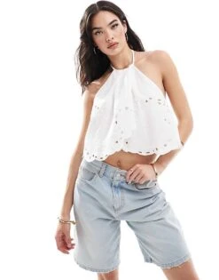Pull&Bear Broderie Wrap Detail Halterneck Top In White For Women