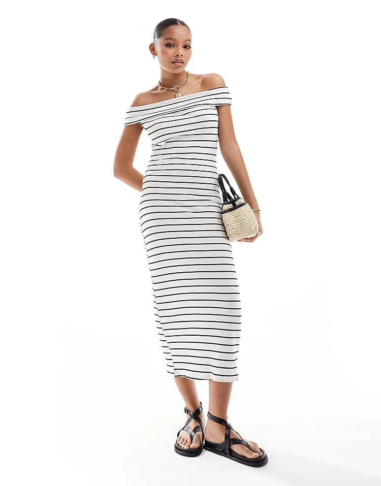 Pull&Bear Bardot Midaxi Dress In White & Black Stripe For Women - Image 5