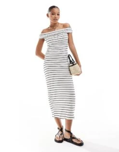 Pull&Bear Bardot Midaxi Dress In White & Black Stripe For Women