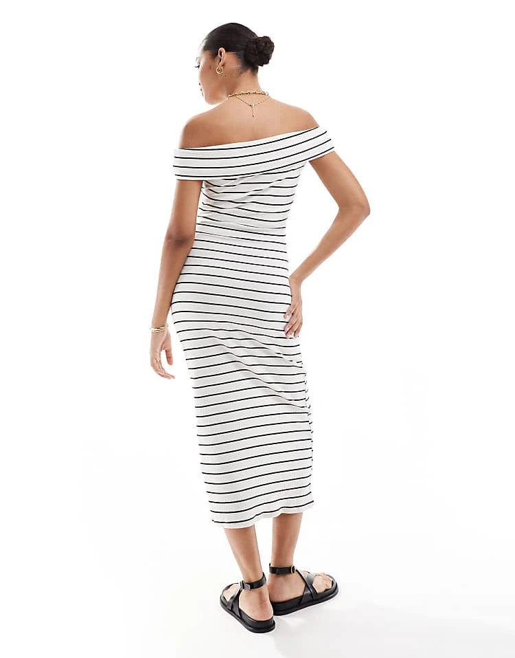 Pull&Bear Bardot Midaxi Dress In White & Black Stripe For Women - Image 2