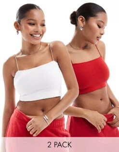 Pull&Bear 2 Pack Strappy Tube Crop Top In White And Red For Women Multi