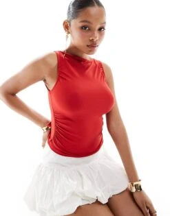 Pull&Bear Gathered Polyamide Top In Red For Women